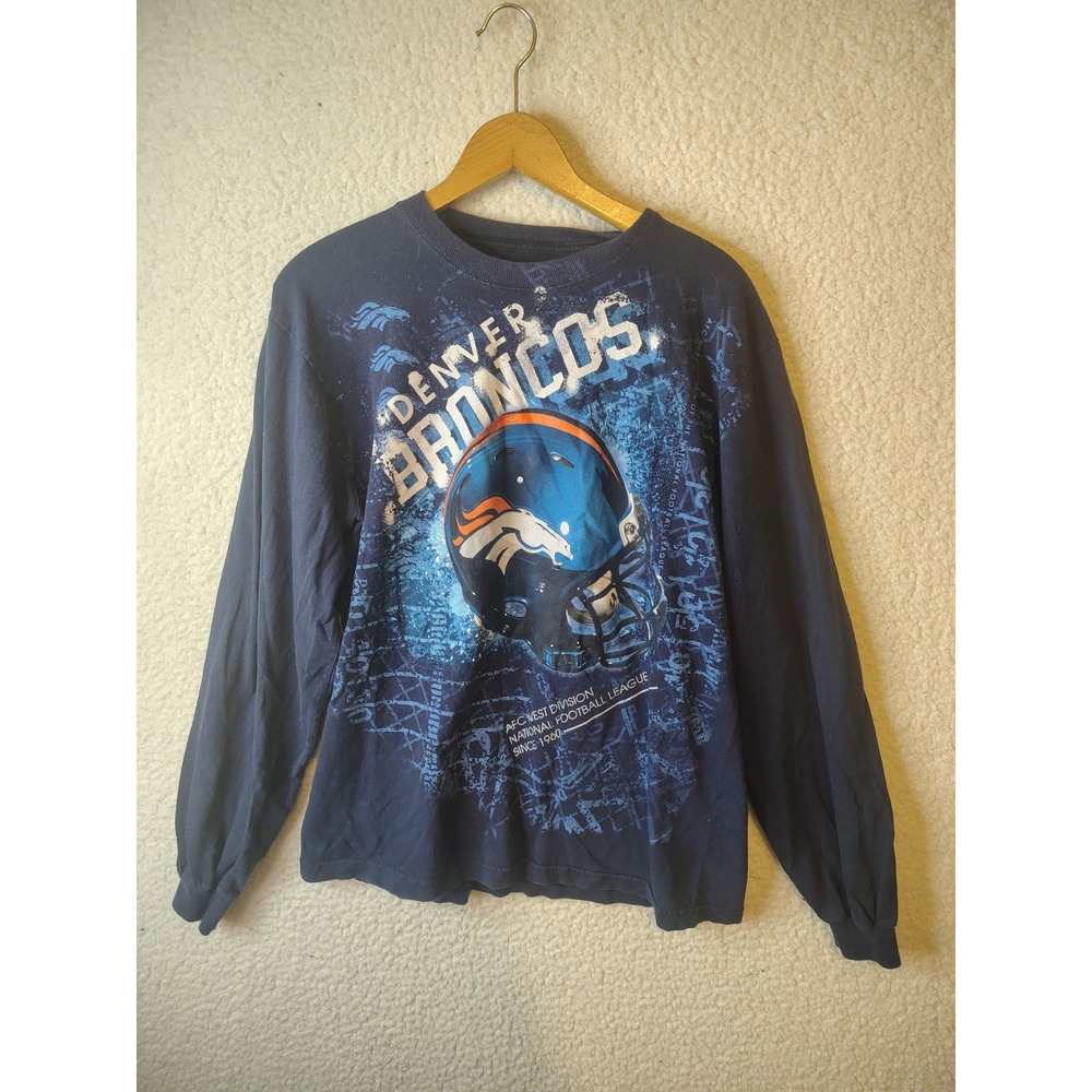 Reebok Denver Broncos Navy Blue Long Sleeve Graphic T-Shirt Mens Large NFL